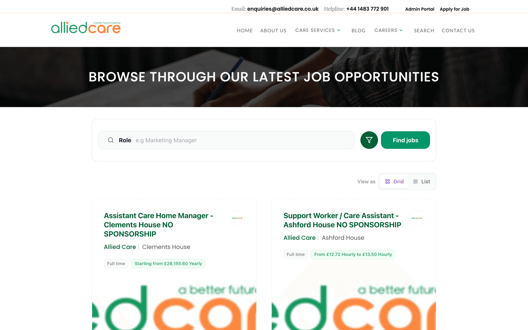 Allied Care job listings with role search