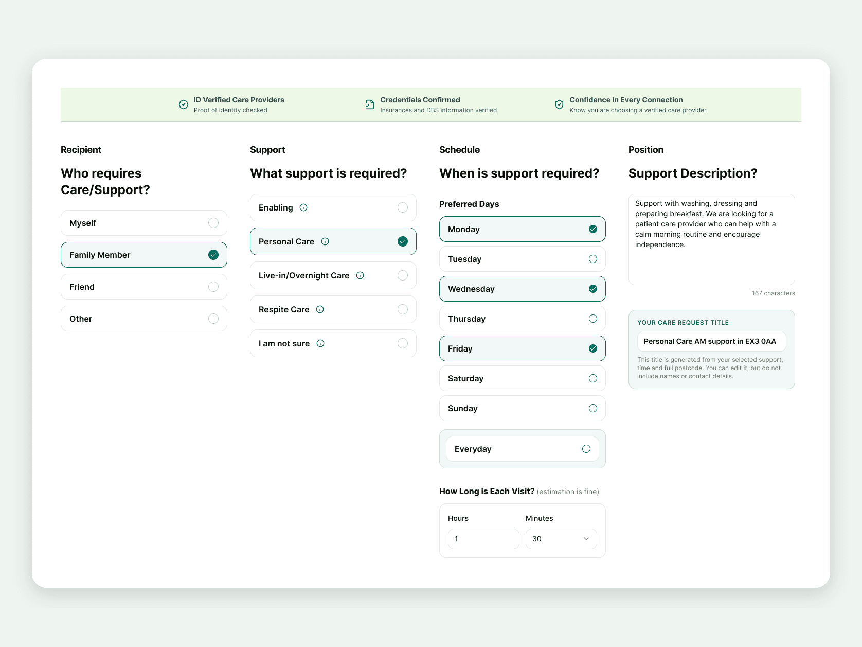 Staged care request form asking who needs support, what support and when