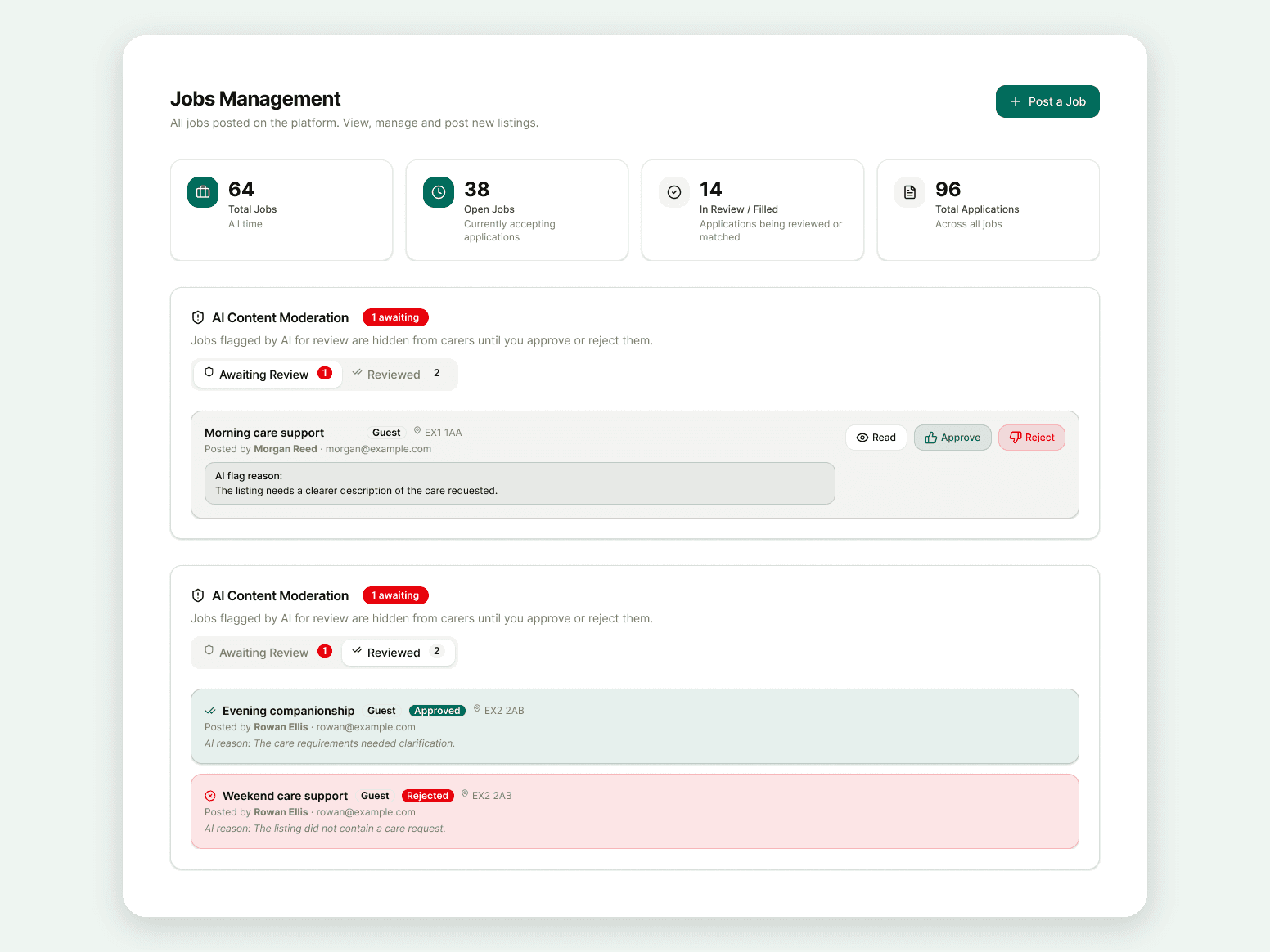 Admin jobs management with AI content moderation queue